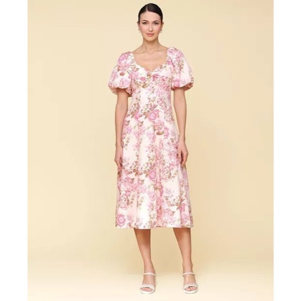 Avec Les Filles women's‎ 6 pink floral print puff sleeve midi dress linen blend